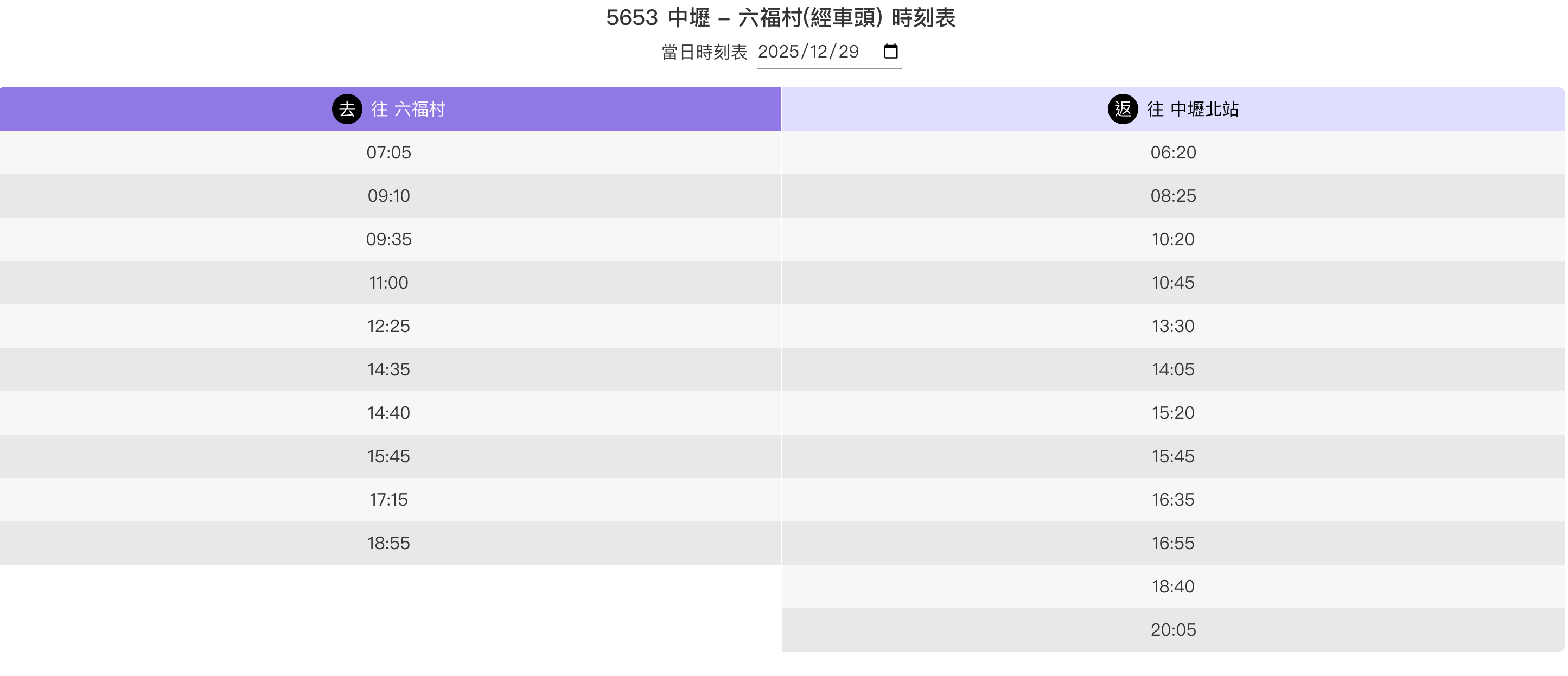 5653中壢 - 六福村(經車頭)時刻表