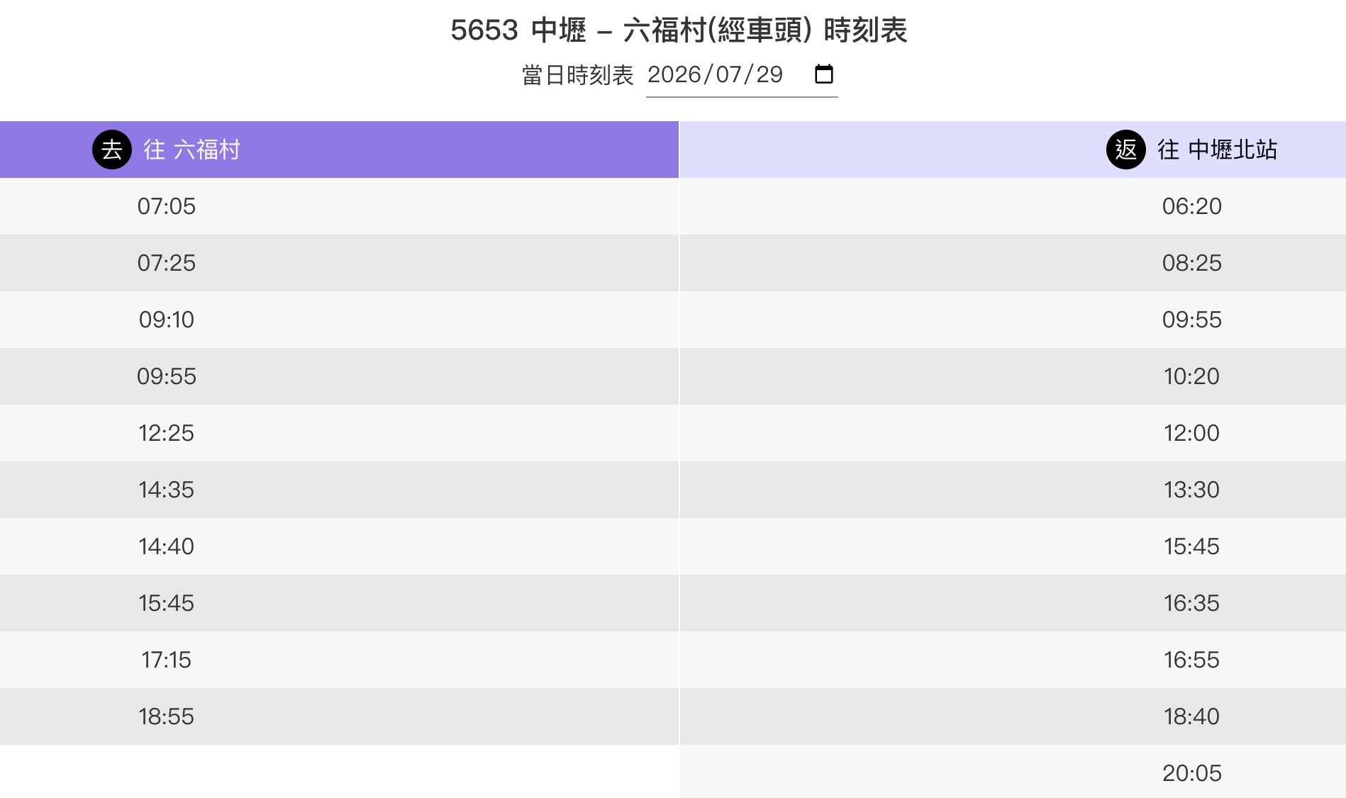 5653中壢 - 六福村(經車頭)時刻表