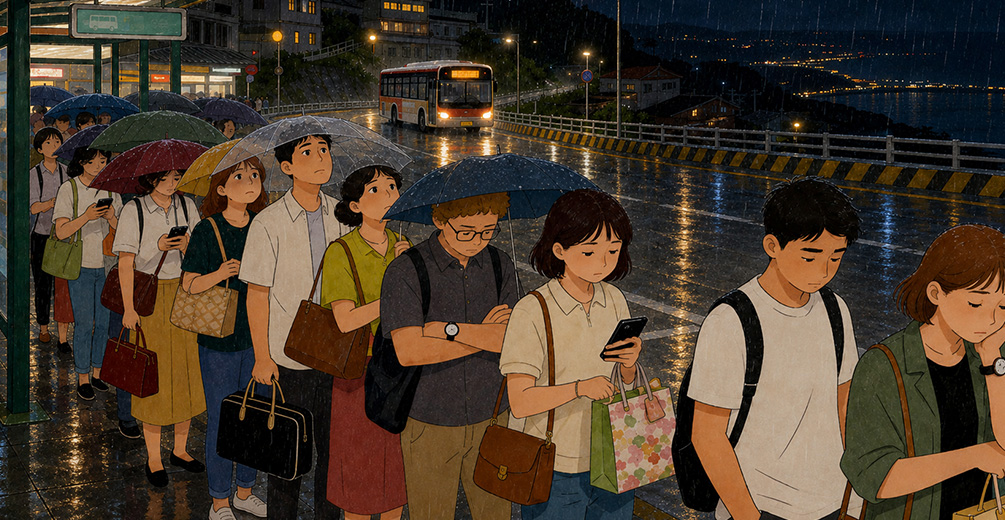 九份から士林夜市へのバスは雨の日はさらにつらくなる
