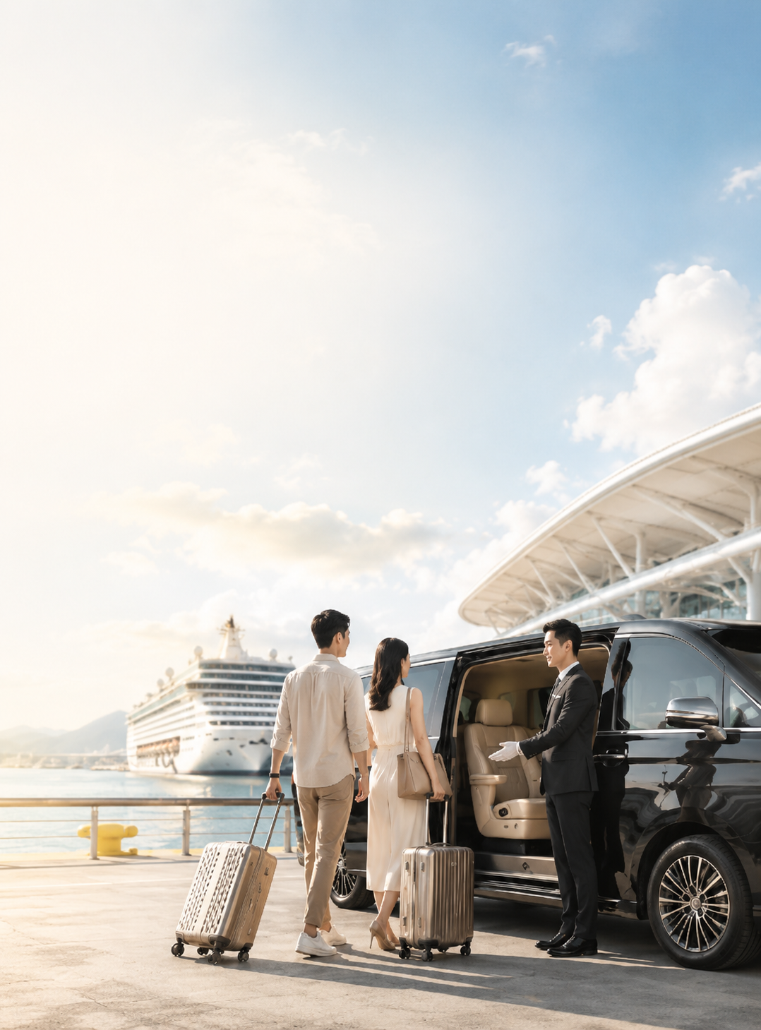 旅客攜帶行李準備搭乘 tripool 專車回程