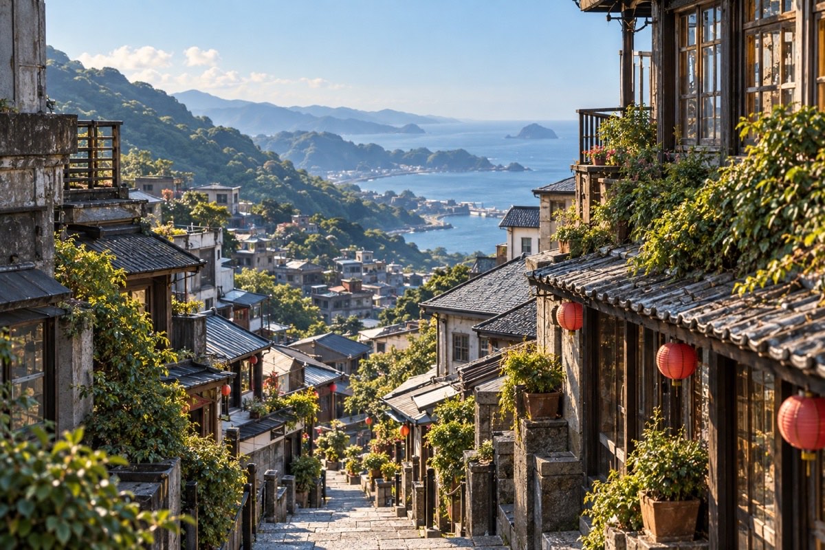 晴天下九份山城與遠方海岸