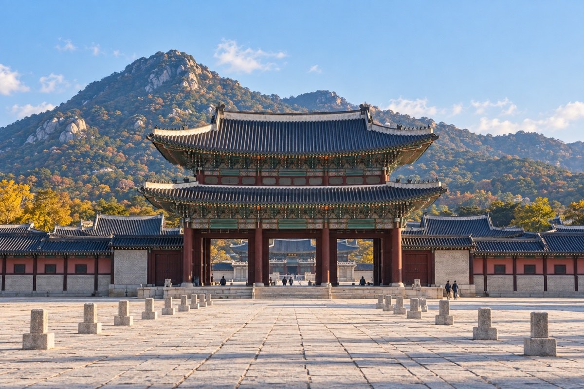 晴天下韓國首爾景福宮與北岳山