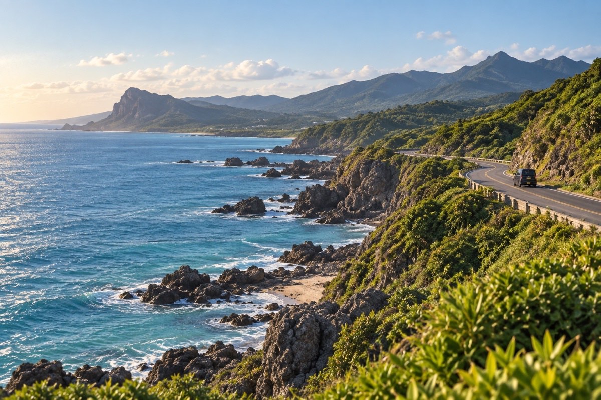 晴天下墾丁海岸公路與藍色海灣
