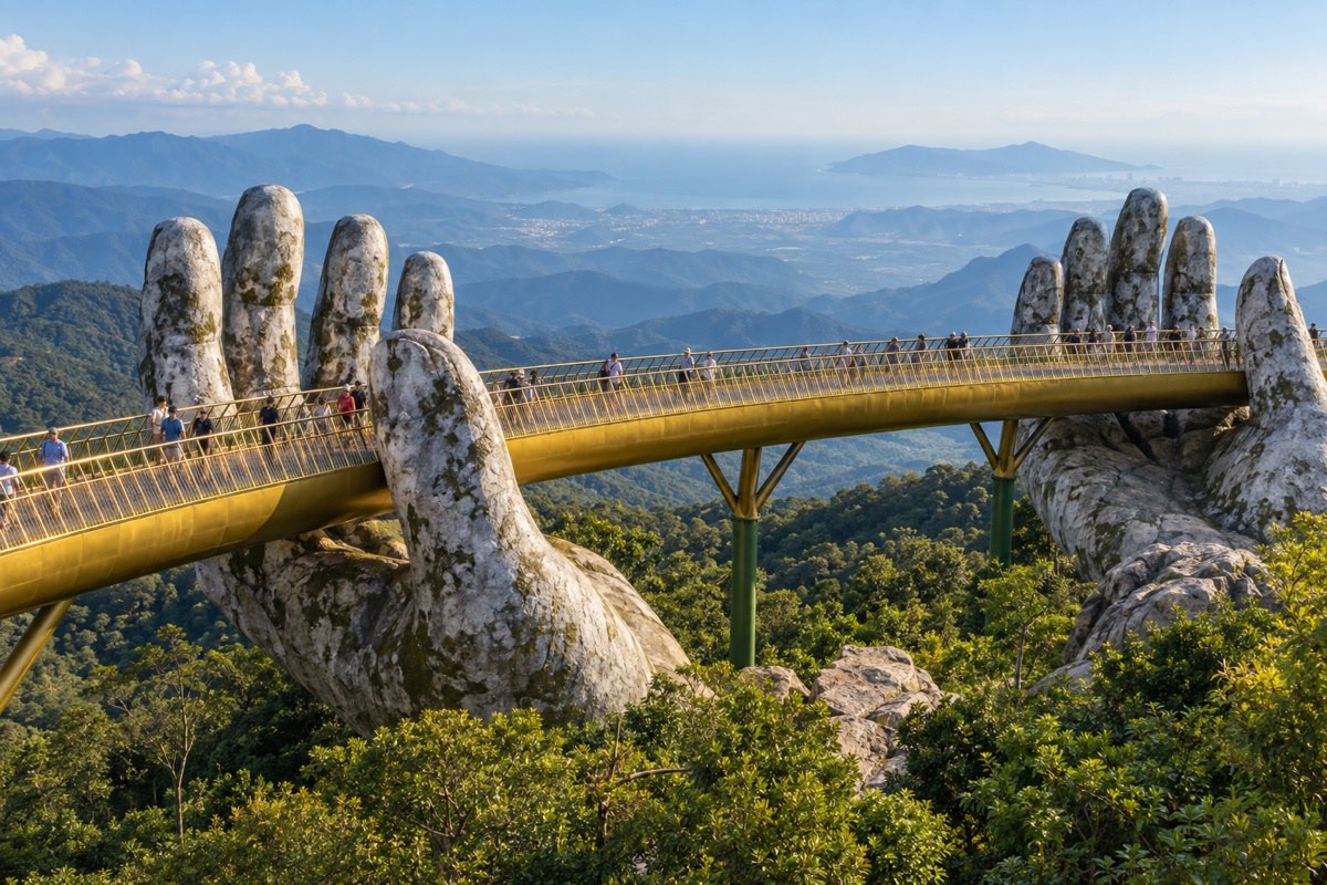 晴天下越南巴拿山巨手托起的黃金橋