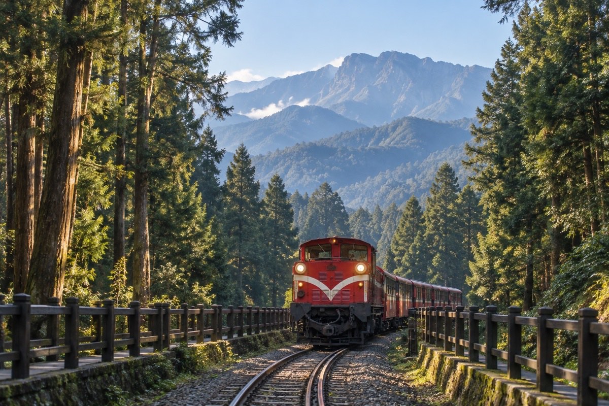 晴天下阿里山森林鐵路列車與高山景色